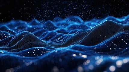 Leinwandbilder - Undulating lines of blue particles across a dark canvas, forming a futuristic 3D landscape that highlights modern communication technology. -