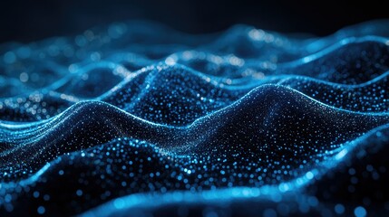 Leinwandbilder - Undulating lines of blue particles across a dark canvas, forming a futuristic 3D landscape that highlights modern communication technology. -