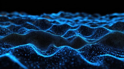 Poster - Undulating lines of blue particles on a black background forming an abstract 3D landscape, capturing the essence of communication technology and digital interfaces.
