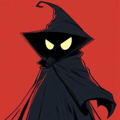 A cartoon illustration of a mysterious sorcerer with a pointy hat and glowing eyes.