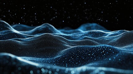 Poster - Undulating lines of blue particles on a black background forming an abstract 3D landscape, capturing the essence of communication technology and digital interfaces.
