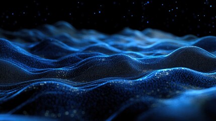 Poster - Undulating lines of blue particles on a black background forming an abstract 3D landscape, capturing the essence of communication technology and digital interfaces.
