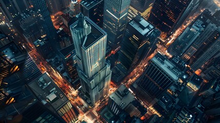 Sticker - Aerial View of Cityscape at Night with Skyscrapers and Street Lights