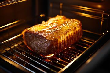 Wall Mural - A succulent roast beef is cooking in an oven, glistening with juices and ready to be served.