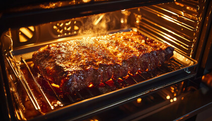 Wall Mural - A succulent piece of meat sizzling in an oven, showcasing the cooking process with steam and a golden crust.