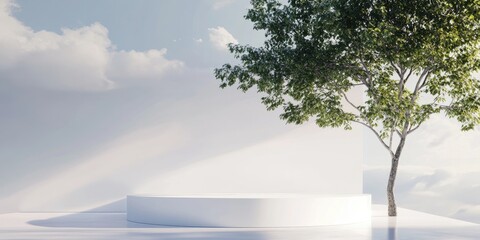 Poster - Blurry sky above podium with white wall and tree 3D rendering