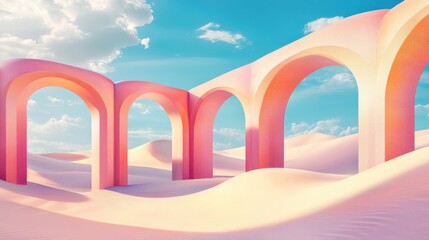 Poster - Surreal pastel landscape featuring geometric shapes and abstract desert dunes complemented by arches a panoramic futuristic scene with ample copy space set against a blue sky with clouds