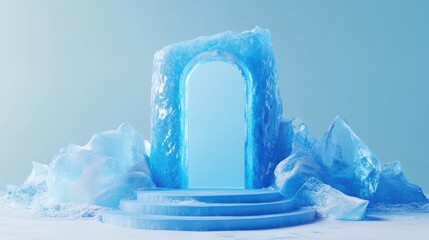 Poster - Closed Door Icon Cracked blue ice symbol on a blue snow podium Social media icon for websites presentations and design templates 3D render