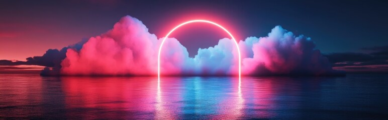Poster - Natural beauty podium backdrop for showcasing products featuring a dreamy cloud and arch frame in a romantic 3D seascape setting