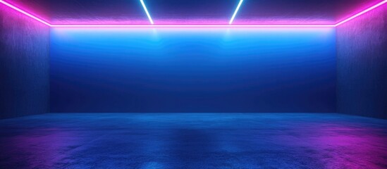 Aufkleber - Front view of a blue blank wall in a dark interior space featuring a concrete floor and neon lighting suitable for product presentation and stage backdrop 3D Rendering