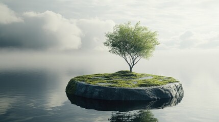 Poster - Natural Display Podium by the Water Featuring a Tree and Moss 3D Render 3D Illustration
