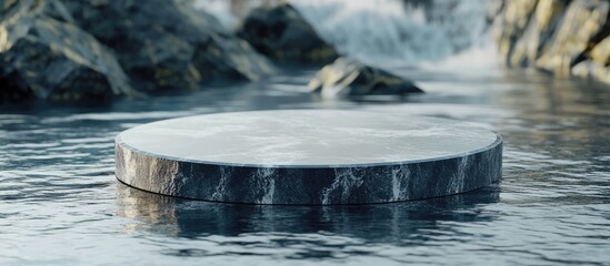 Poster - Abstract circular podium in water for product showcasing Round display stage in an outdoor 3D rendering 8k background illustration