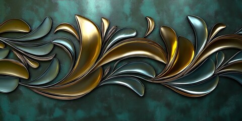 Wall Mural - Gold and silver floral design on a teal background.