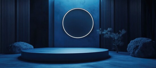 Dark blue geometric backdrop with a Japanese inspired podium design 3D rendering