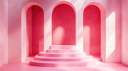 Poster - Podium structure within a pink interior Emphasis on light and shadow