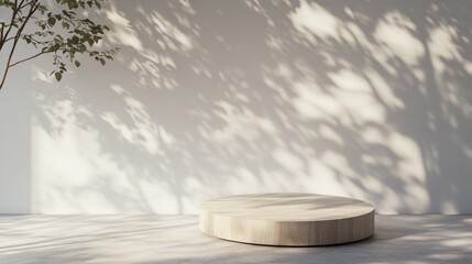 Poster - Wooden display pedestal design platform blank product stand with tree shadows on the wall 3D rendering