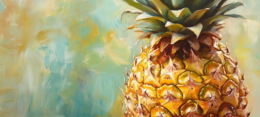 A bright and fresh close-up of a juicy pineapple with golden textured skin glistening under natural light. The spiky green crown contrasts beautifully with the rich tropical hues of the fruit. 