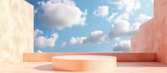 Aufkleber - Podium stand against a peach backdrop featuring a blue sky and clouds rendered in 3D
