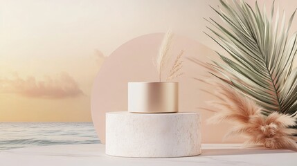 Poster - Natural beauty podium backdrop featuring a cylindrical box for showcasing cosmetic products Abstract 3D scene composition with a seascape backdrop