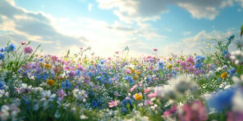 Aufkleber - Vibrant spring flower field scene with a natural beauty podium backdrop 3D rendering
