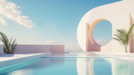 Poster - Abstract composition featuring geometric shapes an arch and a swimming pool illuminated by natural daylight set against a minimalist 3D landscape backdrop