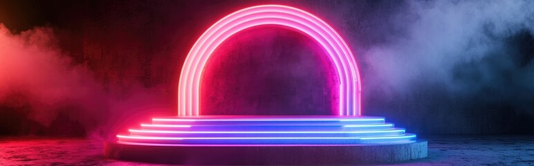 Fototapete - Neon futuristic podium showcase 3D rendering