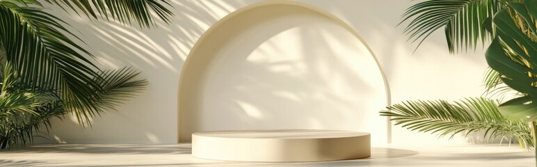 Poster - Minimalist composition featuring a round podium arch and palm leaves 3D rendering