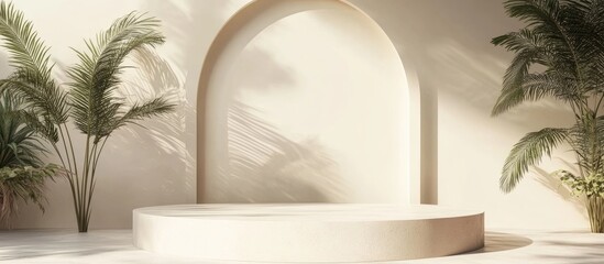 Aufkleber - Subtle architectural botanical backdrop with wall shadow modern frame cover card postcard Display podium stand on soft light background for premium product 3D render