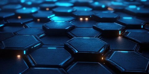 Poster - Dark hexagonal platforms interconnected in a background 3D rendering Digital computer artwork