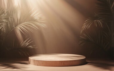 Leinwandbilder - Display podium featuring blurred tropical palm leaves against a brown background 3D rendering