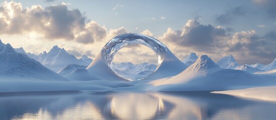 Poster - Surreal dreamlike landscape featuring abstract dunes in a winter setting with a geometric arch Enchanting island scene with water and a natural cloudy sky Metallic mirror arch 3D rendering