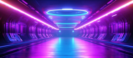 Aufkleber - Futuristic neon alien spaceship featuring a vibrant purple and blue oval circle with glowing laser beams in a retro dark empty club corridor 3D rendered illustration