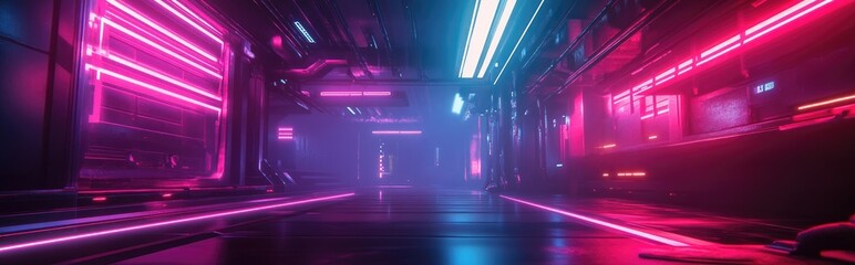 Fototapete - Neon lights and beams illuminate a dim space Futuristic sci fi glowing effects 3D rendering