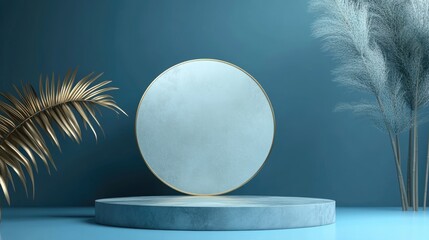 Aufkleber - Minimalist podium scene with an abstract blue backdrop and geometric shapes 3D rendering