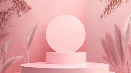 Aufkleber - Empty podium featuring geometric shapes in a pink pastel composition for a modern stage display and minimalist mockup serving as an abstract showcase background 3D illustration concept or 3D rende