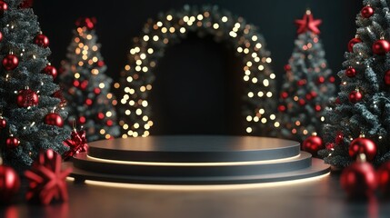 Aufkleber - Merry Christmas holiday themed empty podium space realistic 3D rendering for product showcase