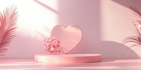 Poster - Sweet love scene featuring a minimal display podium for product presentation Pink pedestal with a charming heart background Romantic design style in 3D render
