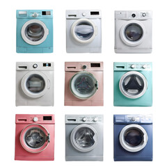 Vintage washing machines in pastel colors isolated on transparent background