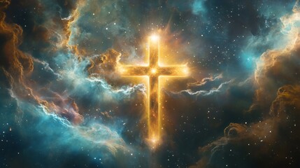 A golden cross shines brightly against a backdrop of swirling nebulae and stars, symbolizing hope, faith, and the divine.