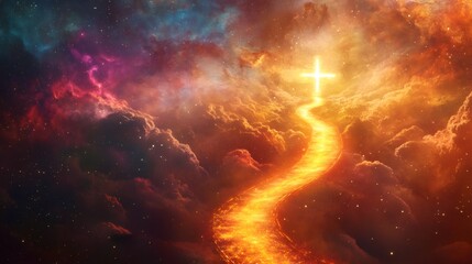 a golden path leading upwards through swirling clouds towards a glowing cross, a symbolic image of f