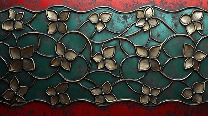 Wall Mural - Intricate floral design in gold on a teal background.