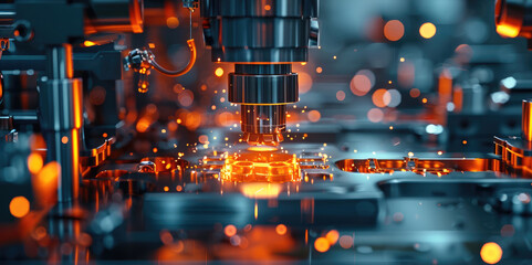 Leinwandbilder - Digital 3D casting machine making metal in action, modern, futuristic, abstract, dark environment. Generative AI.