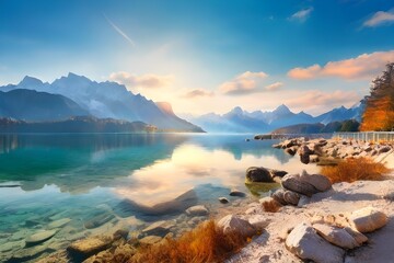 Wall Mural - Sunny morning scene of Eibsee lake with Zugspitze mountain range on background. Beautifel autumn sunrise of Bavarian Alps, Germany, Europe.  Genrative AI