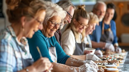 Middle-aged friends follow a cooking instructor's guidance, chopping vegetables and preparing a meal together.