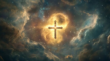 A large, golden cross shines brightly in the middle of a nebula, surrounded by swirling clouds of gas and dust.