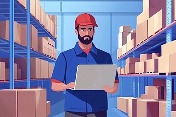 Worker manages logistics and checks stock with a laptop in a warehouse, focusing on efficient inventory and smooth supply chain operations