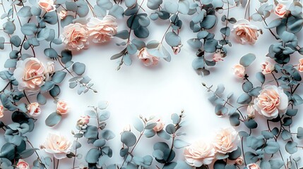 Poster - A small delicate blush pink and pale dusty blue flowers and dusty green leaves, swirls, delicate vines swirls, frame, white background. Generative AI.