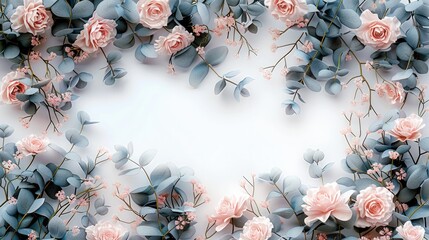 Poster - A small delicate blush pink and pale dusty blue flowers and dusty green leaves, swirls, delicate vines swirls, frame, white background. Generative AI.