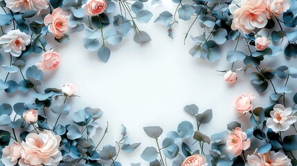 Poster - A small delicate blush pink and pale dusty blue flowers and dusty green leaves, swirls, delicate vines swirls, frame, white background. Generative AI.