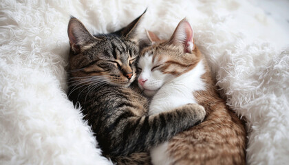 Two cats cuddling together in a cozy, fluffy setting, showcasing warmth and companionship.